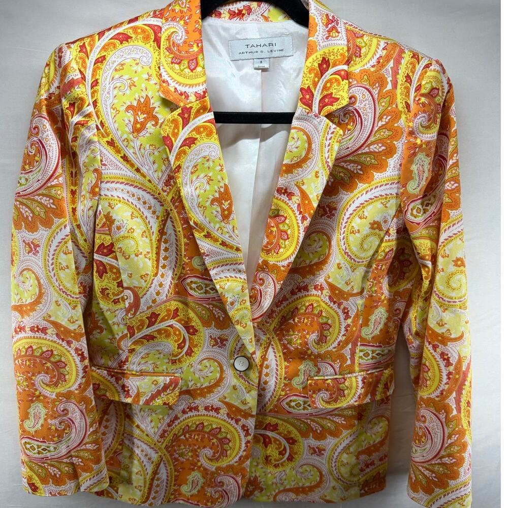 Tahari Yellow & Orange Paisley Cotton Stretch Lined Business BOHO Blazer -Size 8